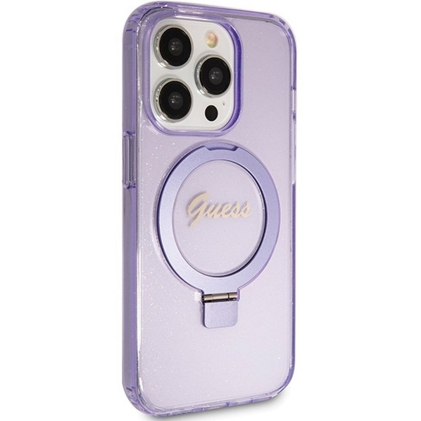 Kryt Original Faceplate Case Guess Guhmp15Lhrsgsu iPhone 15 Pro (s MagSafe / Glitter Script Logo / Ring Stand / Purple)
