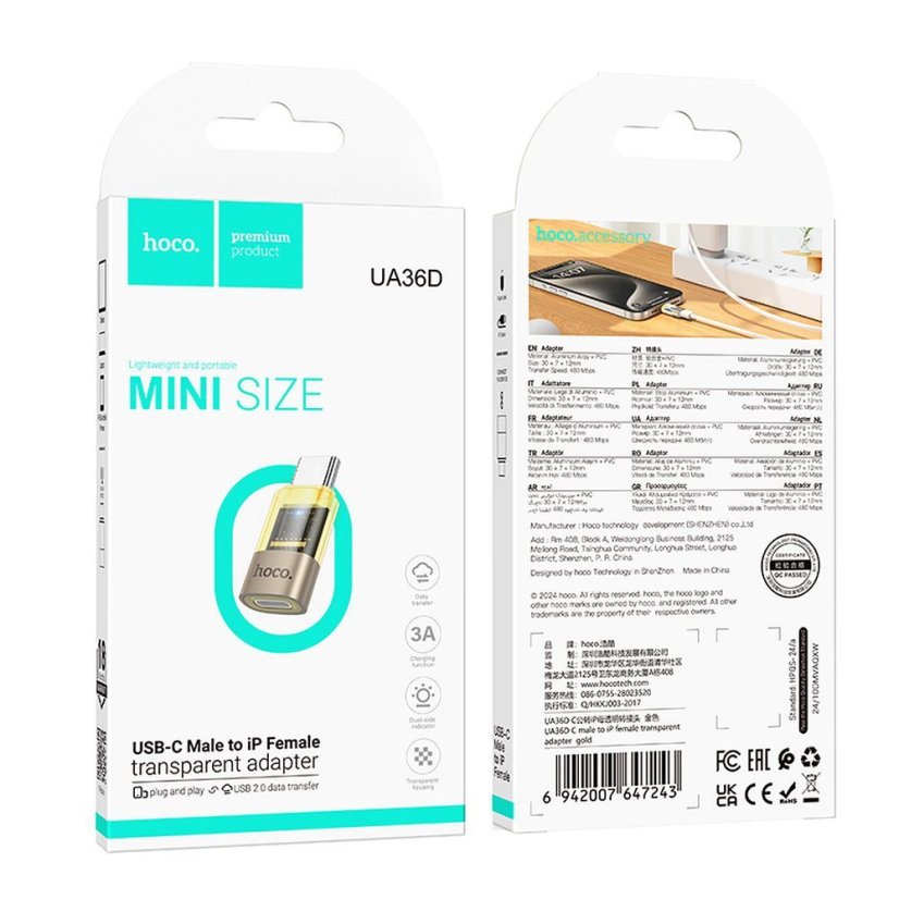 Adapter USB C to Lightning Hoco Ua36D Priesvitný Gold