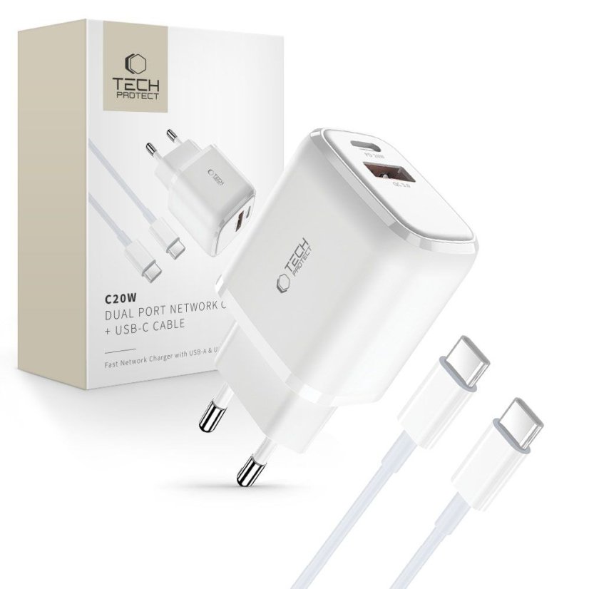 Nabíjačka do siete Tech-Protect C20W 2-Port Network Charger PD 20W / QC3.0 + Type-C Cable White