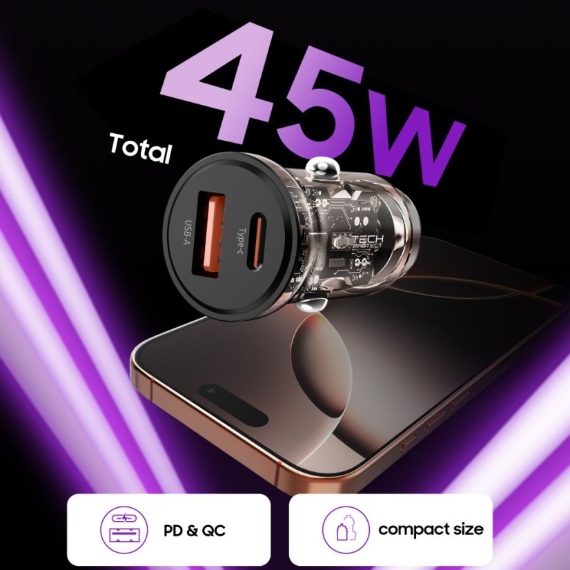 Tech-Protect Cc01 2 portos autós töltő PD 45W / QC3.0 Black