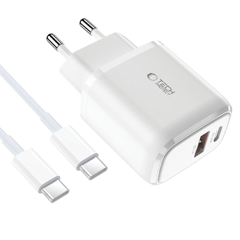 Nabíjačka do siete Tech-Protect C20W 2-Port Network Charger PD20W/QC3.0 + Type-C Cable White