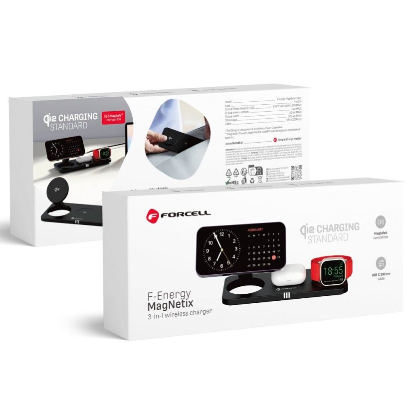 Vezeték nélküli töltés Forcell F-Energy 3in1 Magnetix USB C Qi2 20.5W MagSafe Black 0Int Black 0Int