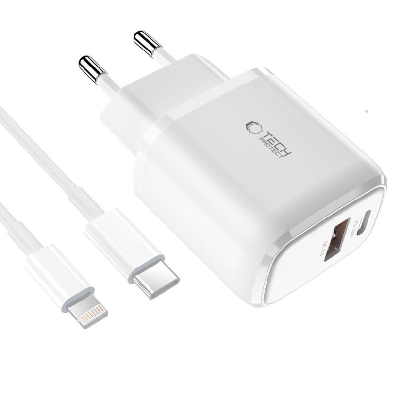 Nabíjačka do siete Tech-Protect C20W 2-Port Network Charger PD 20W / QC3.0 + Lightning Cable White