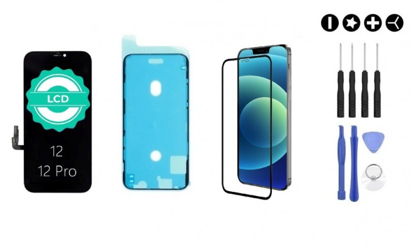 MULTIPACK - Čierny LCD displej iPhone 12/12 Pro + lepka pod displej + 3D ochranné sklo + sada náradia