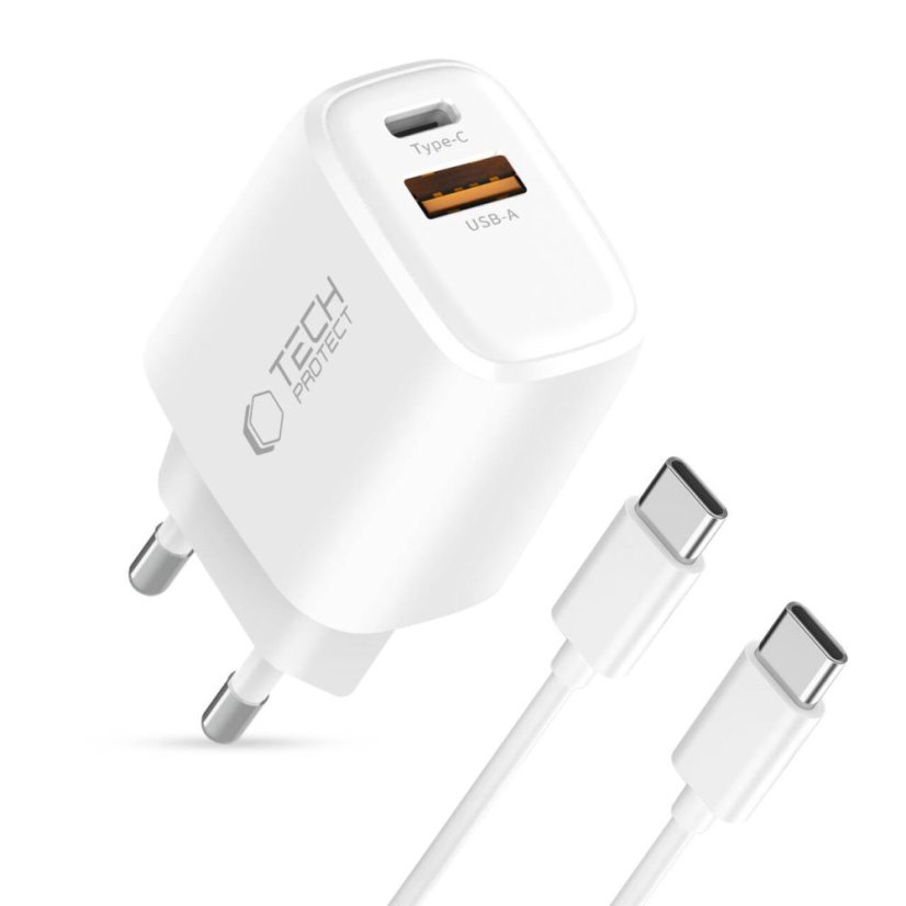 Tech-Protect Nca20 2portová síťová nabíječka PD 20W / QC3.0 + kabel Type-C Bílá
