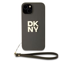 DKNY PU Leather Stack Logo Wrist Strap zadní kryt pro iPhone 14 Brown