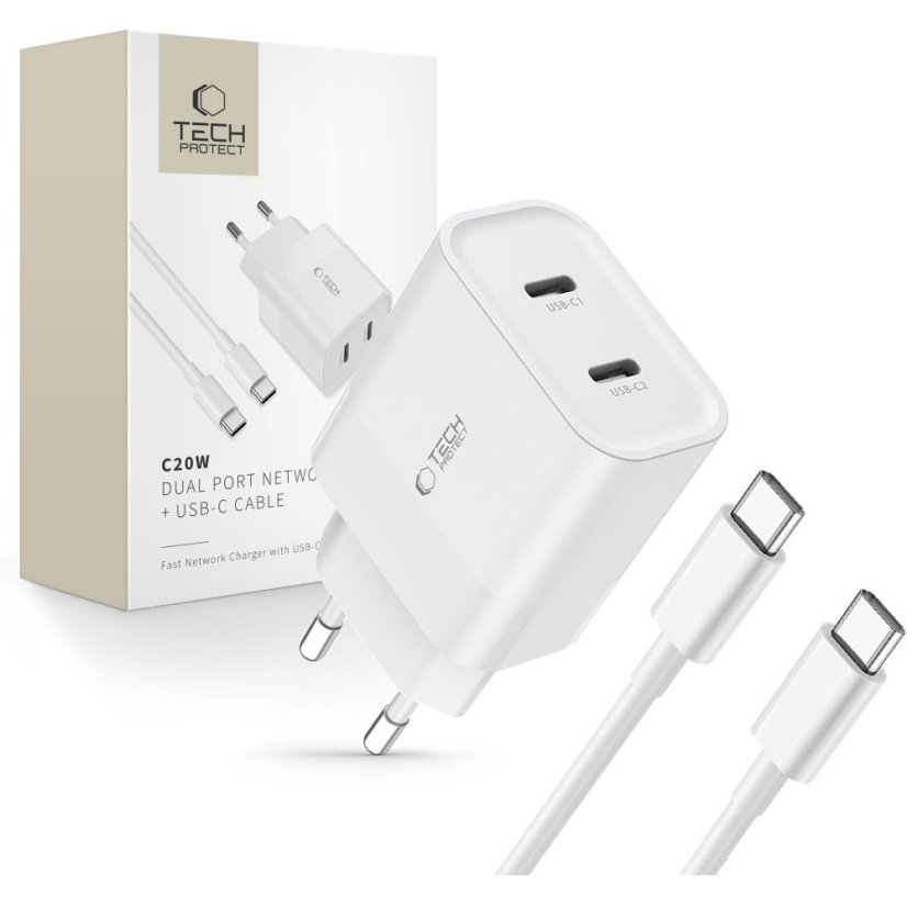 Nabíjačka do siete Tech-Protect C20W 2-Port Network Charger PD 20W + Type-C Cable White
