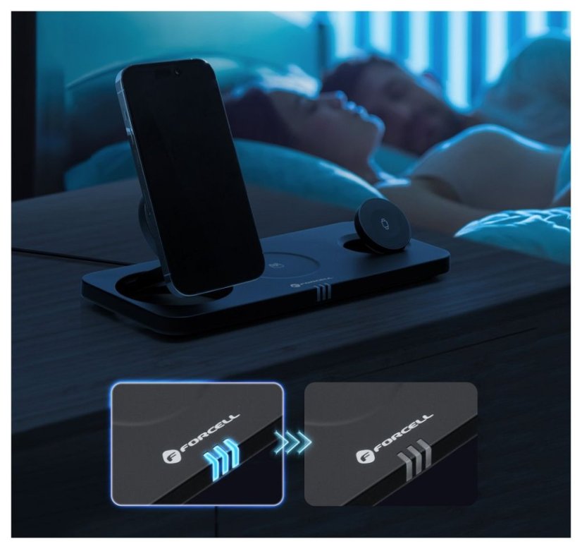 Vezeték nélküli töltés Forcell F-Energy 3in1 Magnetix USB C Qi2 20.5W MagSafe Black 0Int Black 0Int