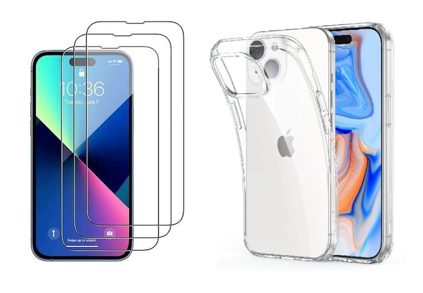 4PACK - 3x ochranné tvrdené sklo + priesvitný kryt - iPhone 15