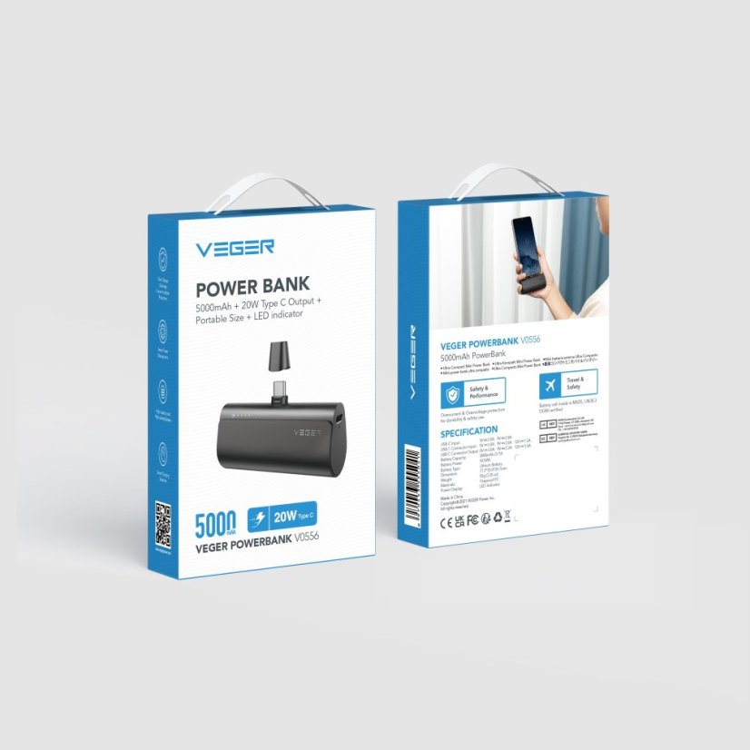 Powerbanka Powerbank Veger Plugon (W0556/V0556) Pd Qc3.0 3A 20W 5000 mAh With A Built-In Connector Type C Black