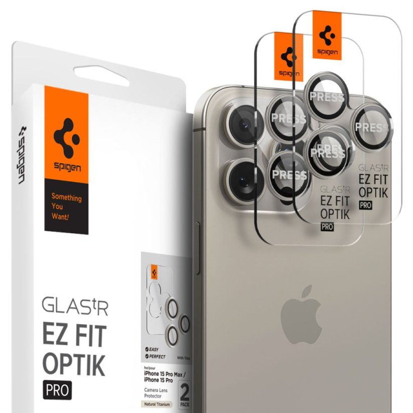 Ochranné sklo zadnej kamery Spigen Optik.Tr ”Ez Fit” Camera Protector 2-Pack iPhone 14 Pro / Pro Max / 15 Pro / Pro Max Natural Titanium