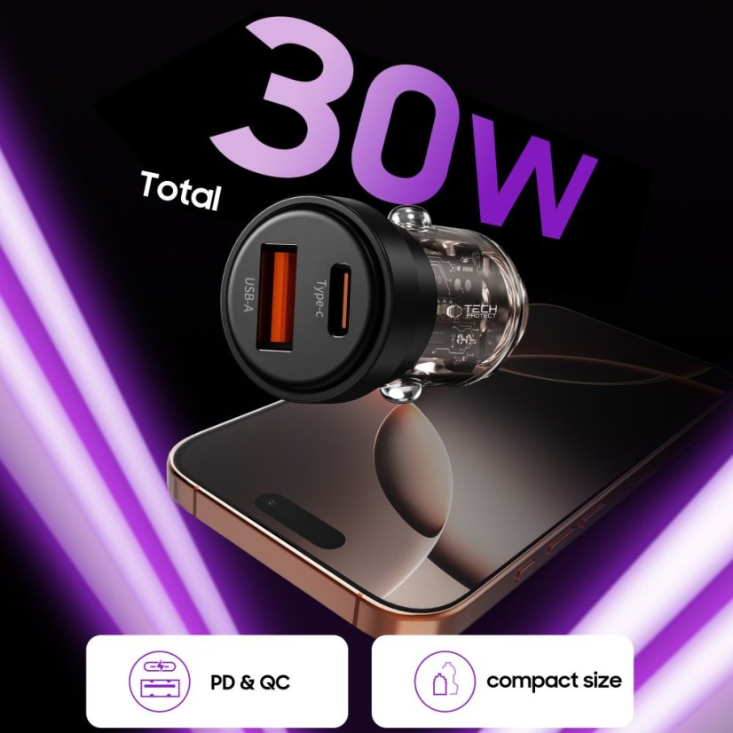 Tech-Protect Cc03 2 portos autós töltő PD 30W / QC3.0 Black