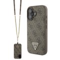 Guess PU 4G Strass Triangle Metal Logo zadný kryt + Crossbody Popruh pre iPhone 16 Brown