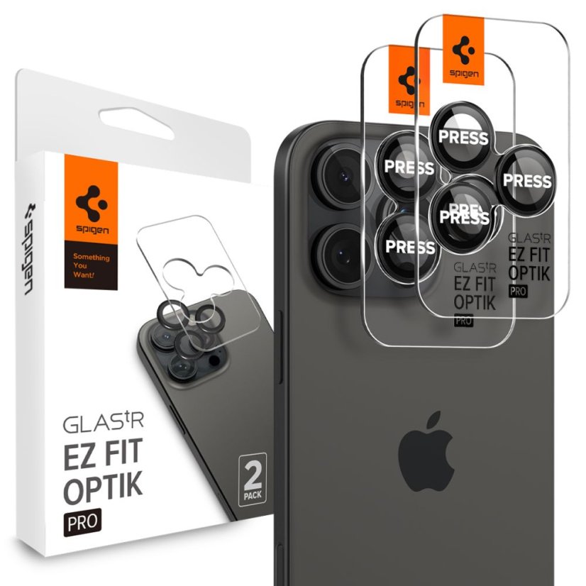 Ochranné sklo zadnej kamery 2ks v balení, set ochranných skiel zadnej kamery Spigen Optik Pro Glas.Tr ”Ez Fit” Camera Protector 2-Pack iPhone 14 Pro / Max / 15 Pro / Max / 16 Pro / Max / 17 Pro / Max Black