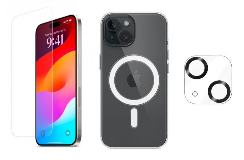 3PACK - Ochranné sklo + Crystal Air kryt s MagSafe + ochranné sklíčko kamery pre iPhone 15