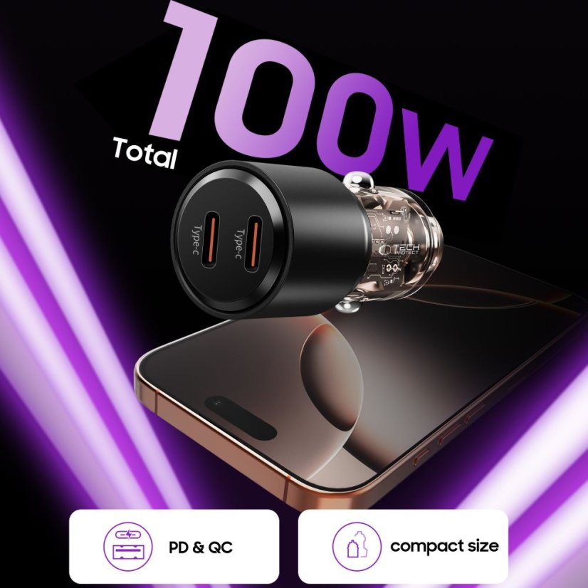 Tech-Protect Cc03 2 portos autós töltő PD 100W Black