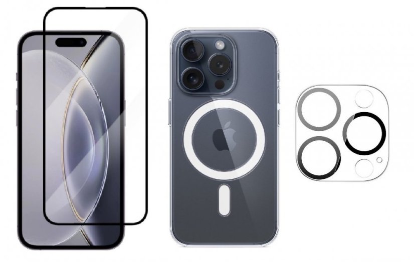 3PACK - 3D Ochranné sklo + Crystal Air kryt s MagSafe + ochranné sklíčko kamery pre iPhone 15 Pro Max
