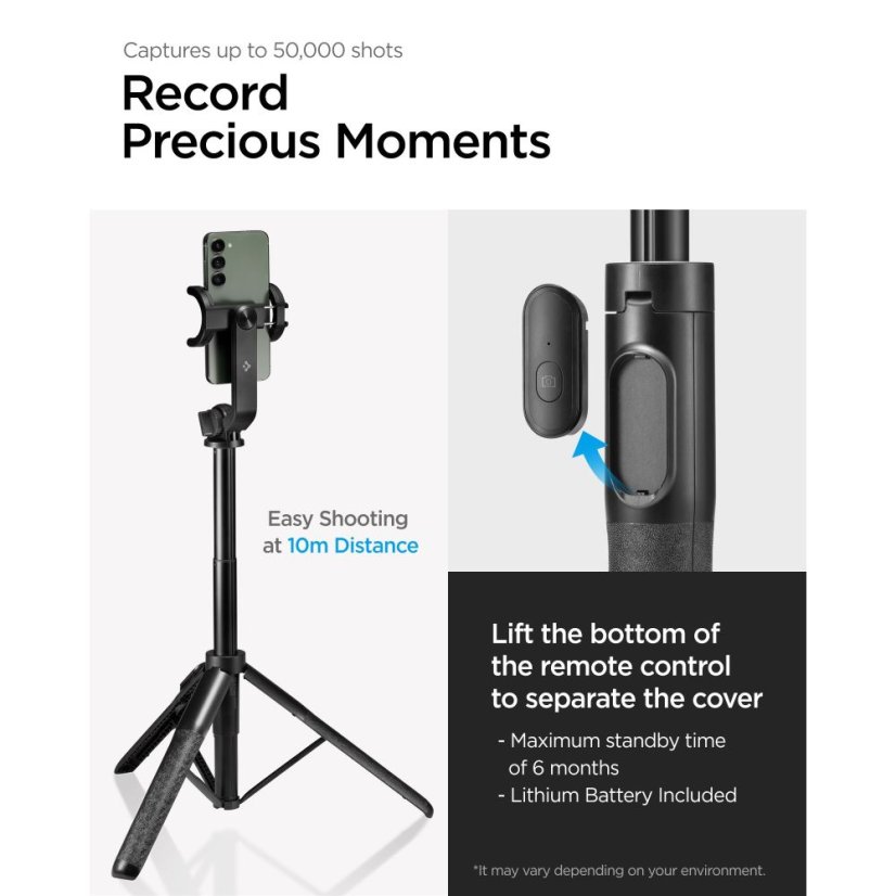 Selfie tyč Spigen S560W Bluetooth Selfie Stick Long Tripod Black