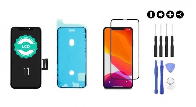 MULTIPACK - Čierny LCD displej iPhone 11 + lepka pod displej + 3D ochranné sklo + sada náradia