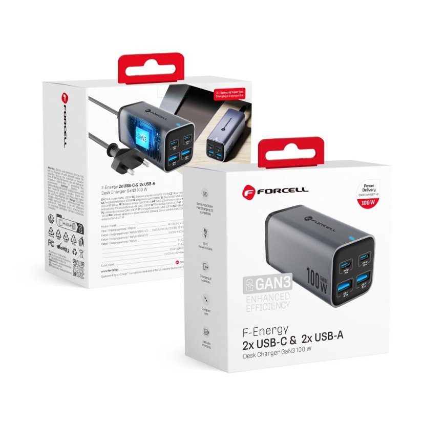 Desktop Charger Forcell F-Energy Gan III 2 X USB C + 2 X USB A Qc4.0 Pd 5A 100W Vt-49 Gray
