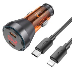 Nabíjačka auta Hoco Car Charger 2 X Type C With Digital Display + Cable Type C to Lightning Pd Qc3.0 3A 60W Priesvitný Orange