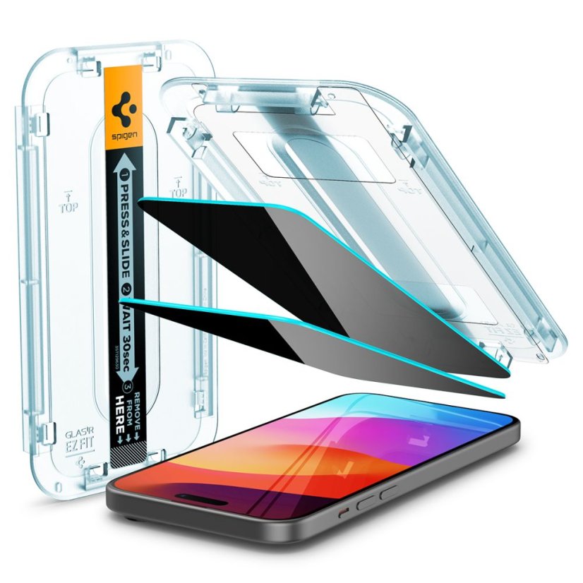 2ks v balení, set ochranných skiel Spigen Glas.Tr ”Ez Fit” 2-Pack iPhone 15 Plus / 16 Plus Privacy