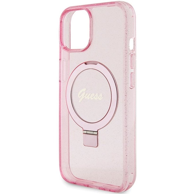 Kryt Original Faceplate Case Guess Guhmp15Shrsgsp iPhone 15 (s MagSafe / Glitter Script Logo / Ring Stand / Pink)