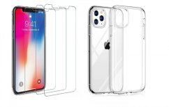 4PACK - 3x ochranné tvrdené sklo (s horným výrezom na prednú kameru) + priesvitný kryt - iPhone 11 Pro Max