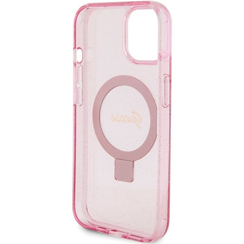 Kryt Original Faceplate Case Guess Guhmp15Shrsgsp iPhone 15 (s MagSafe / Glitter Script Logo / Ring Stand / Pink)