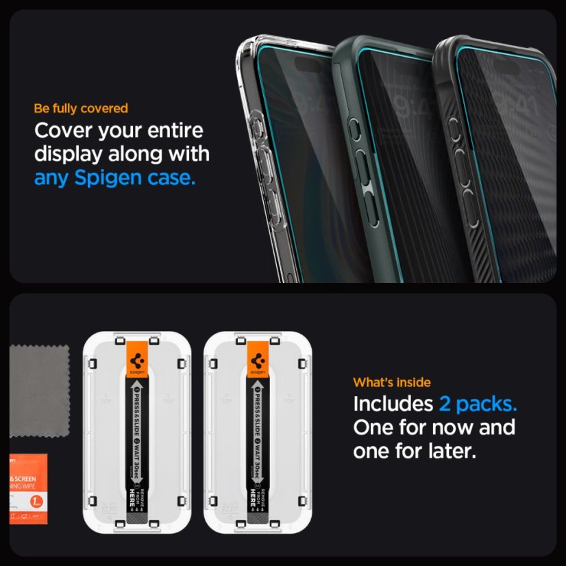 2ks v balení, set ochranných skiel Spigen Glas.Tr ”Ez Fit” 2-Pack iPhone 15 Plus / 16 Plus Privacy