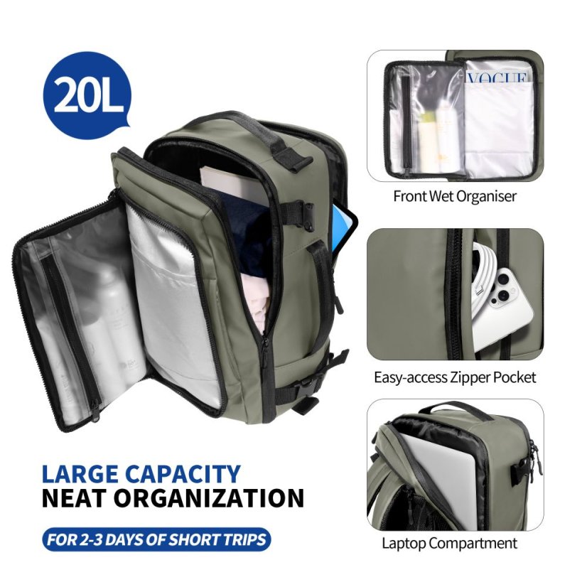 Remienok Tech-Protect Defender S50 Ryanair & Wizzair Travel Laptop Cabin Backpack 20L 40X20X25 Olive Green