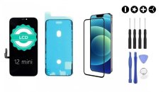 MULTIPACK - Fekete LCD kijelző iPhone 12 mini + ragasztó a kijelző alatt + 3D védőüveg + szerszámkészlet