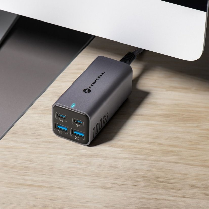 Desktop Charger Forcell F-Energy Gan III 2 X USB C + 2 X USB A Qc4.0 Pd 5A 100W Vt-49 Gray