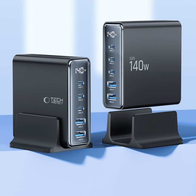 Tech-Protect Dc140W-Gan 5 portos asztali töltő PD 140W / QC3.0 Black