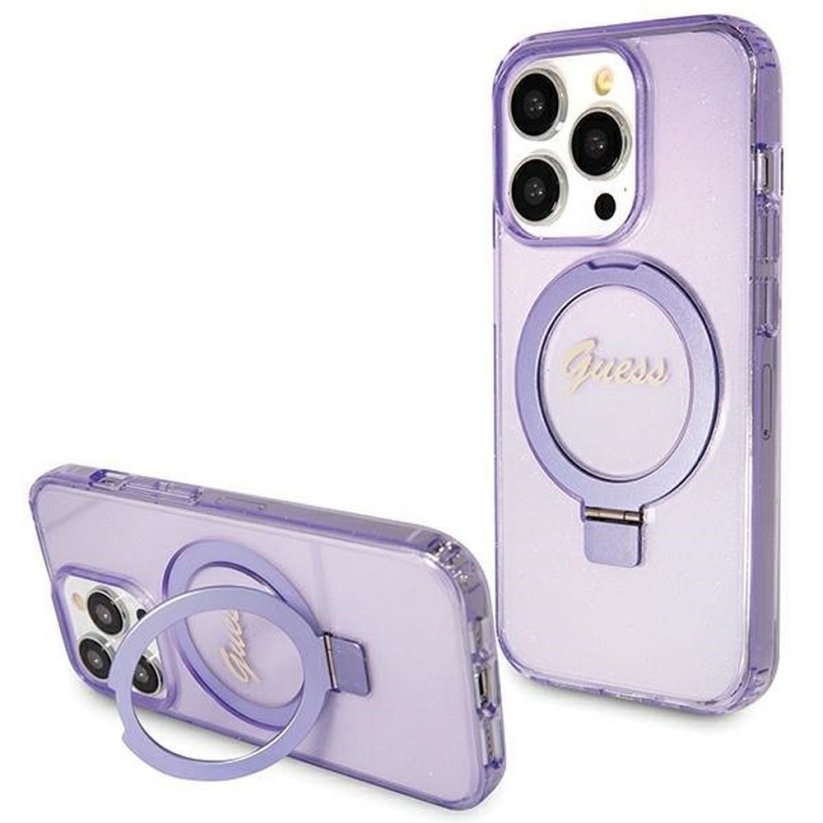 Kryt Original Faceplate Case Guess Guhmp15Xhrsgsu iPhone 15 Pro Max (s MagSafe / Glitter Script Logo / Ring Stand / Purple)