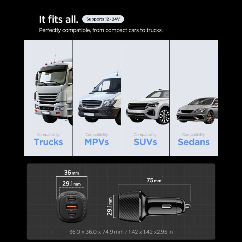 Spigen Essential Ev1133 3 portos autós töltő 113W Black