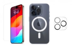 3PACK - Ochranné sklo + Crystal Air kryt s MagSafe + ochranné sklíčko kamery pre iPhone 15 Pro Max
