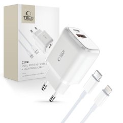 Nabíjačka do siete Tech-Protect C20W 2-Port Network Charger PD20W/QC3.0 + Lightning Cable White