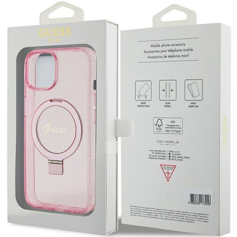 Kryt Original Faceplate Case Guess Guhmp15Shrsgsp iPhone 15 (s MagSafe / Glitter Script Logo / Ring Stand / Pink)