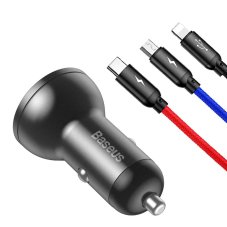 Nabíjačka auta Baseus Car Charger 2 X USB A With Digital Display + Cable 3v1 Micro USB / Lightning / Type C 4,8A 24W Tzccbx-0G Black