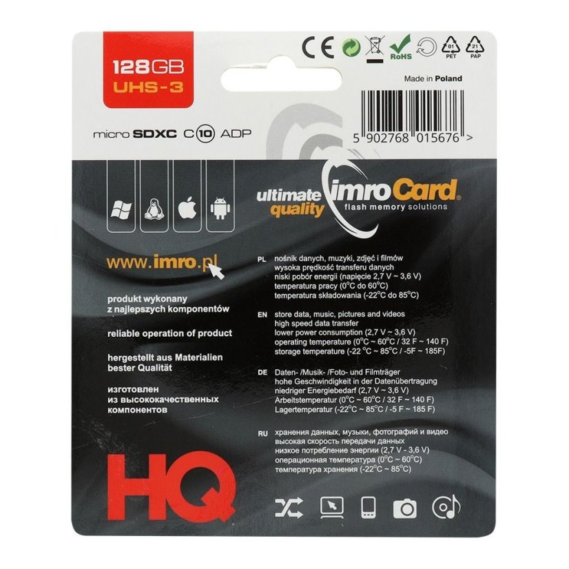 Pamäťová karta Imro Memory Card Microsd 128Gb 100Mb/S Class10 Uhs 3 4K With Adapter Sd