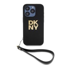 DKNY PU Leather Stack Logo Wrist Strap zadní kryt pro iPhone 15 Pro Black