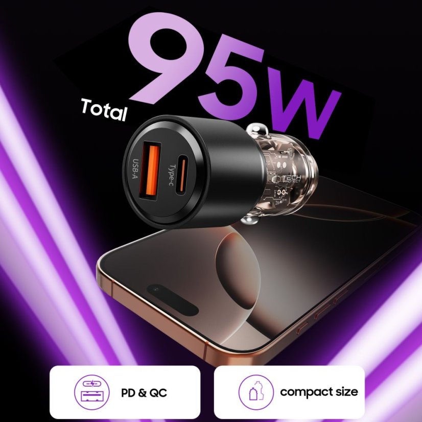 Tech-Protect Cc03 2 portos autós töltő PD 95W / QC3.0 Black