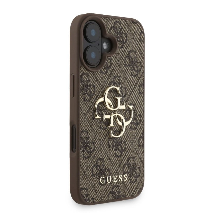 Guess PU 4G Metal Logo Strap zadný kryt pre iPhone 16 Brown