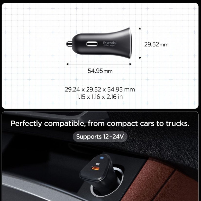 Spigen Essential Ev301 1 portos autós töltő 30W Black