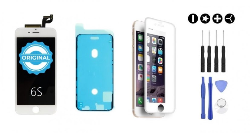 MULTIPACK - ORIGINÁLIS fehér LCD képernyő iPhone 6S + LCD ragasztó (a kijelző alatti ragasztó) + 3D védőüveg + szerszámkészlet