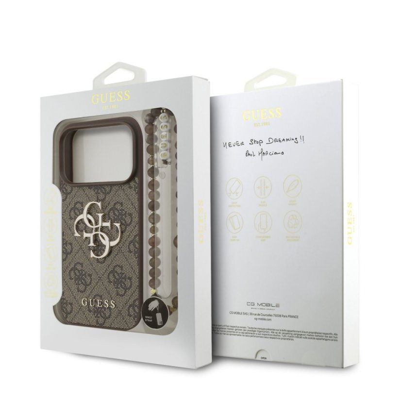 Guess PU 4G Metal Logo Strap zadný kryt pre iPhone 17 Pro Brown