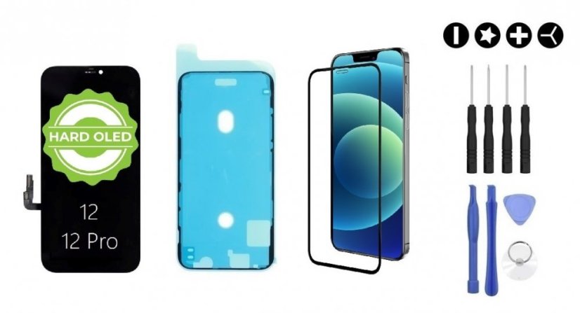 MULTIPACK - Fekete OLED kijelző iPhone 12/12 Pro + ragasztó a kijelző alatt + 3D védőüveg + szerszámkészlet