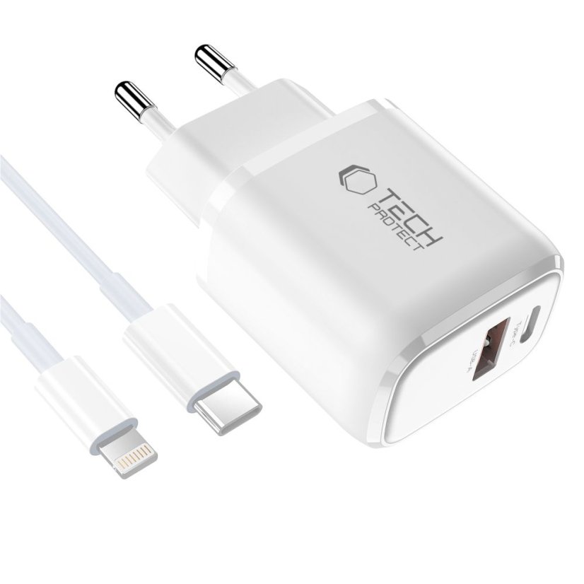 Nabíjačka do siete Tech-Protect Nca20 2-Port Network Charger PD 20W / QC3.0 + Lightning Cable White