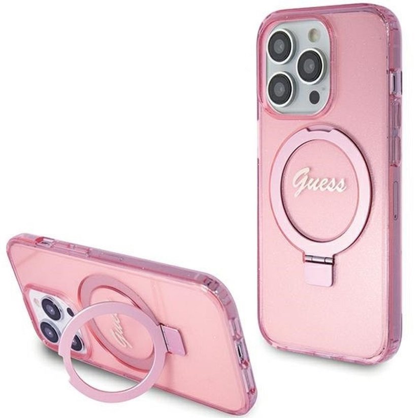 Kryt Original Faceplate Case Guess Guhmp15Lhrsgsp iPhone 15 Pro (s MagSafe / Glitter Script Logo / Ring Stand / Pink)